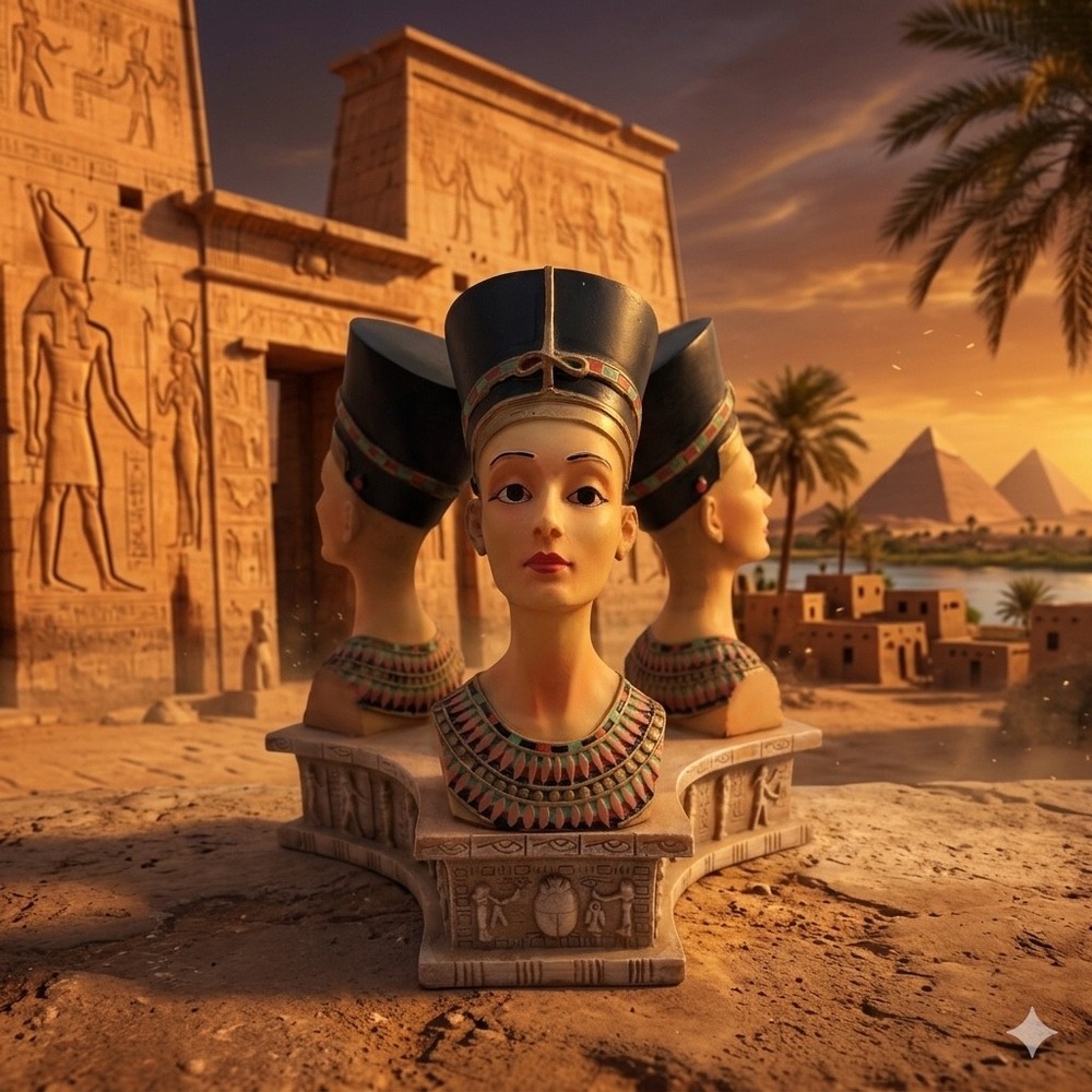 Egyptian Queen Nefertiti Triple Bust Candle Holder Figurine Hieroglyphic Base